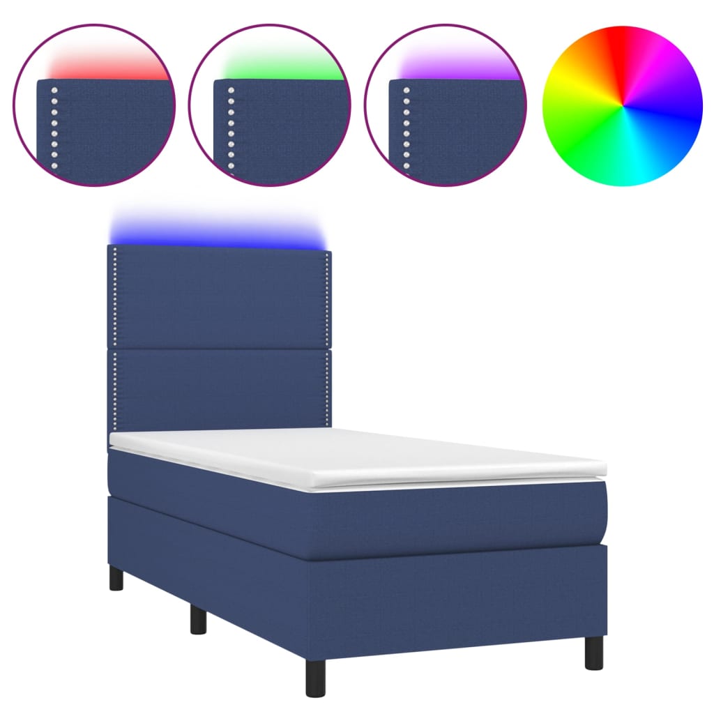 vidaXL Lova su spyruoklėmis/čiužiniu/LED, mėlyna, 90x200 cm, audinys