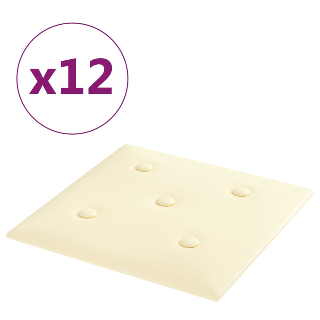 vidaXL Sienų plokštės, 12vnt., kreminės, 30x30cm, dirbtinė oda, 1,08m²