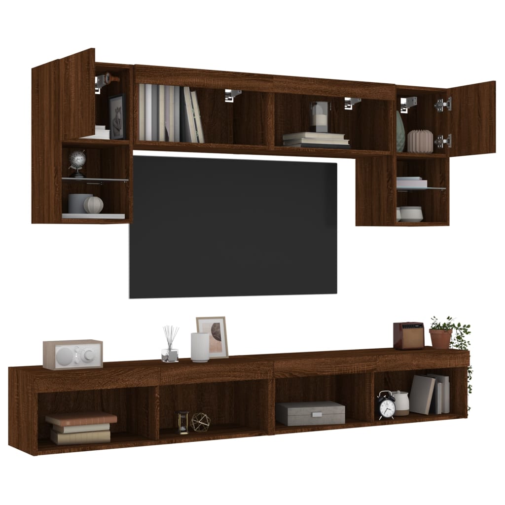 vidaXL Sieninė TV sekcija su LED, 6 dalių, ruda ąžuolo, mediena