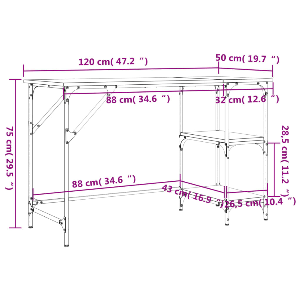 vidaXL Rašomasis stalas, rudas ąžuolo, 120x50x75cm, metalas ir mediena