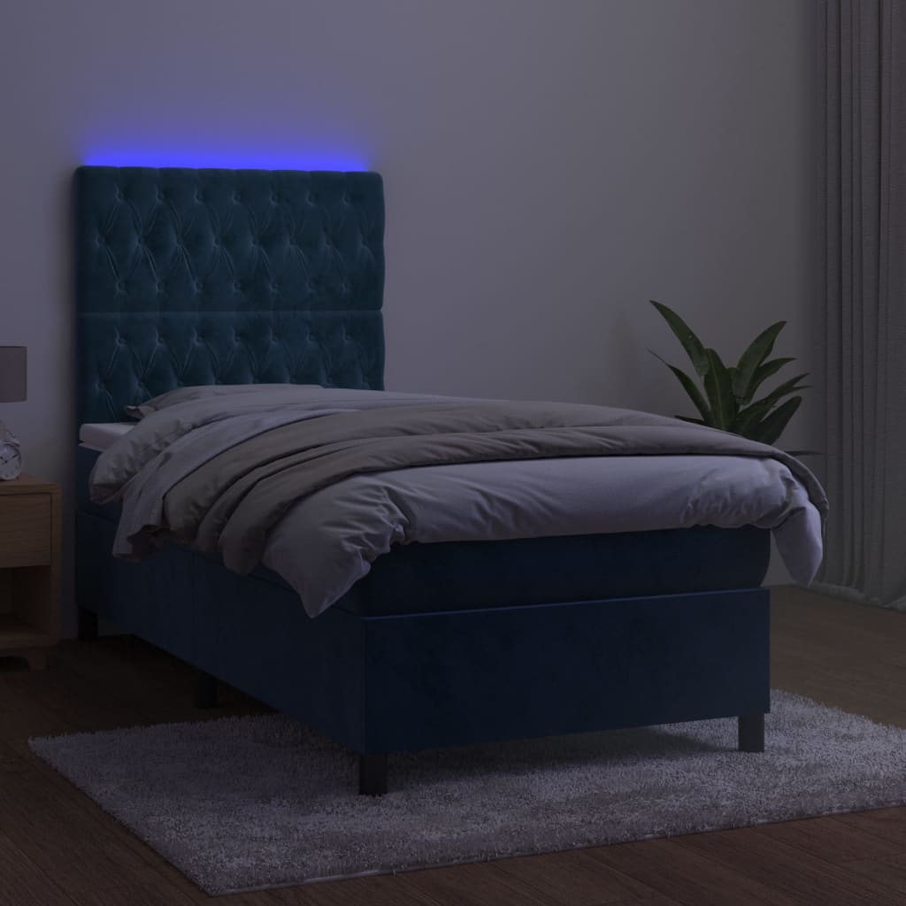 vidaXL Lova su spyruoklėmis/čiužiniu/LED, mėlyna, 100x200cm, aksomas