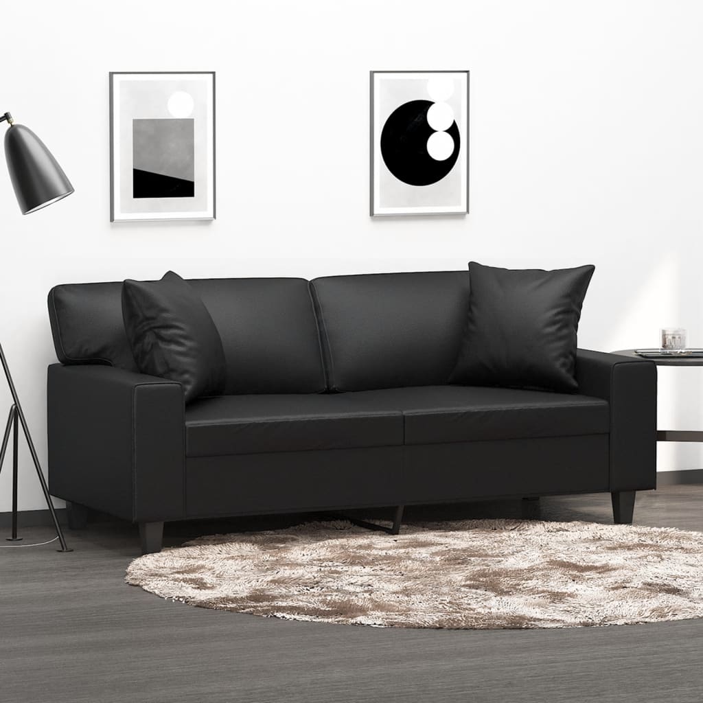 vidaXL Dvivietė sofa su pagalvėlėmis, juoda, 140cm, dirbtinė oda