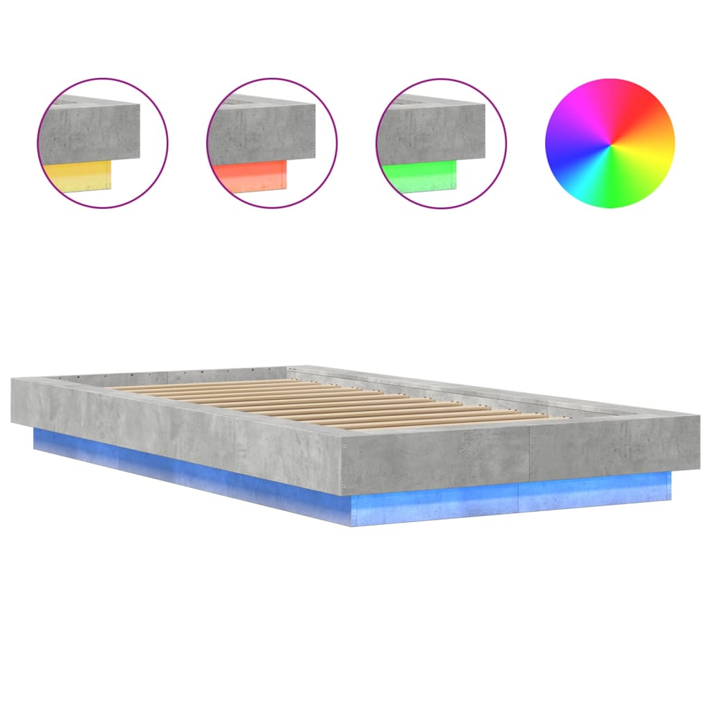 vidaXL Lovos rėmas su LED, betono pilkas, 100x200cm, apdirbta mediena