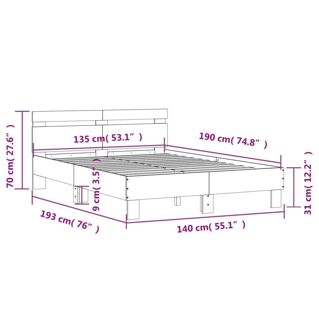 vidaXL Lovos rėmas su galvūgaliu ir LED, rudas ąžuolo, 135x190cm