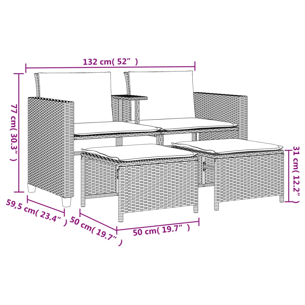 vidaXL Dvivietė sodo sofa su staliuku/taburetėmis, pilka, poliratanas