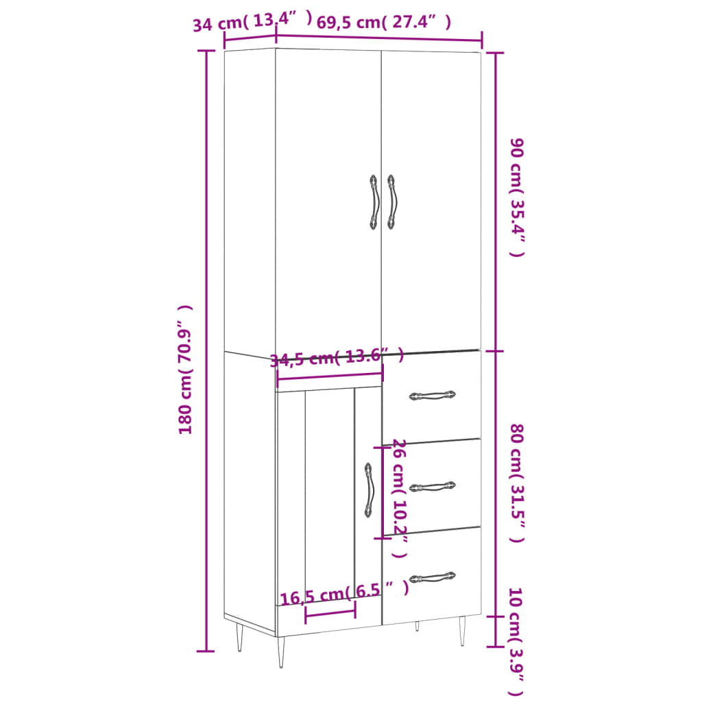 vidaXL Komoda, baltos spalvos, 69,5x34x180cm, apdirbta mediena