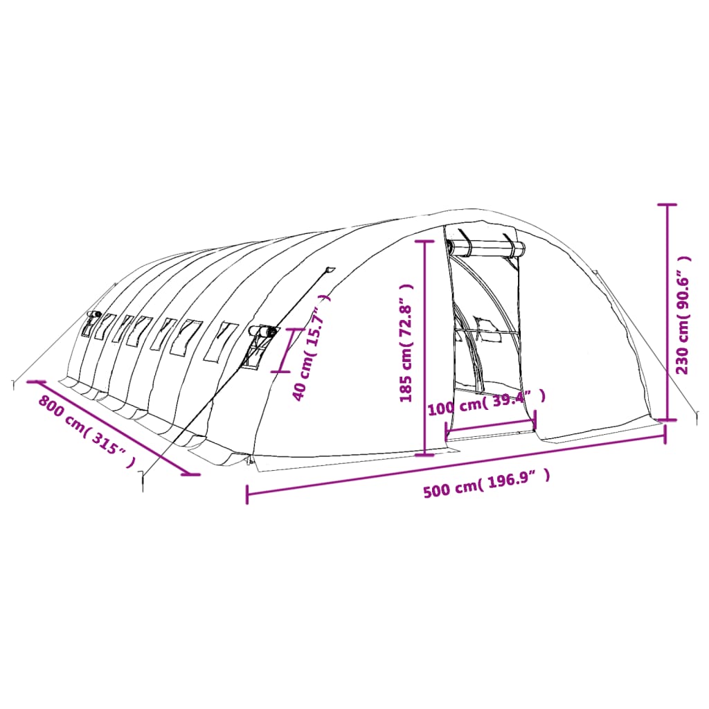 vidaXL Šiltnamis su plieno rėmu, žalios spalvos, 8x5x2,3m, 40m²