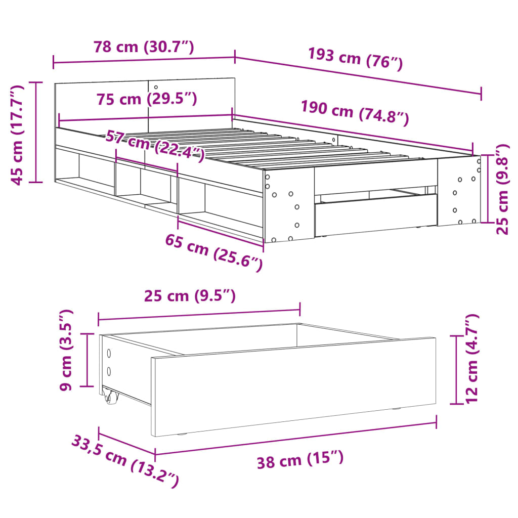 vidaXL Lovos rėmas su stalčiumi, juodas, 75x190cm, apdirbta mediena