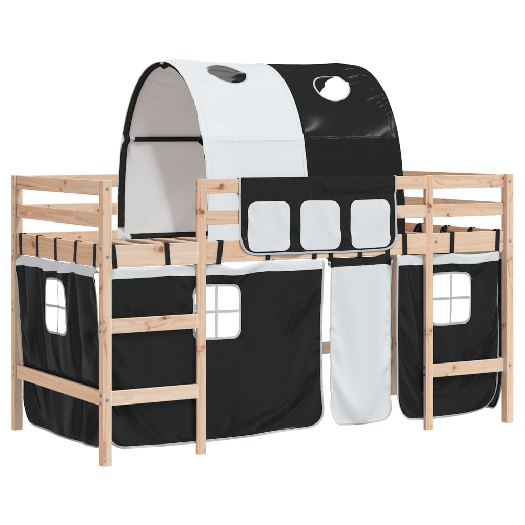 vidaXL Aukšta vaikiška lova su tuneliu, balta/juoda, 90x200cm, pušis