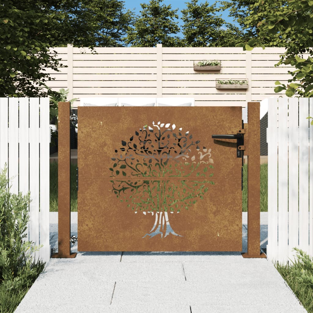 vidaXL Sodo vartai, 105x105cm, corten plienas, medžio dizaino