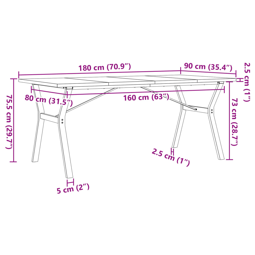 vidaXL Valgomojo stalas, 180x90x75,5cm, pušis ir ketus, Y formos rėmas