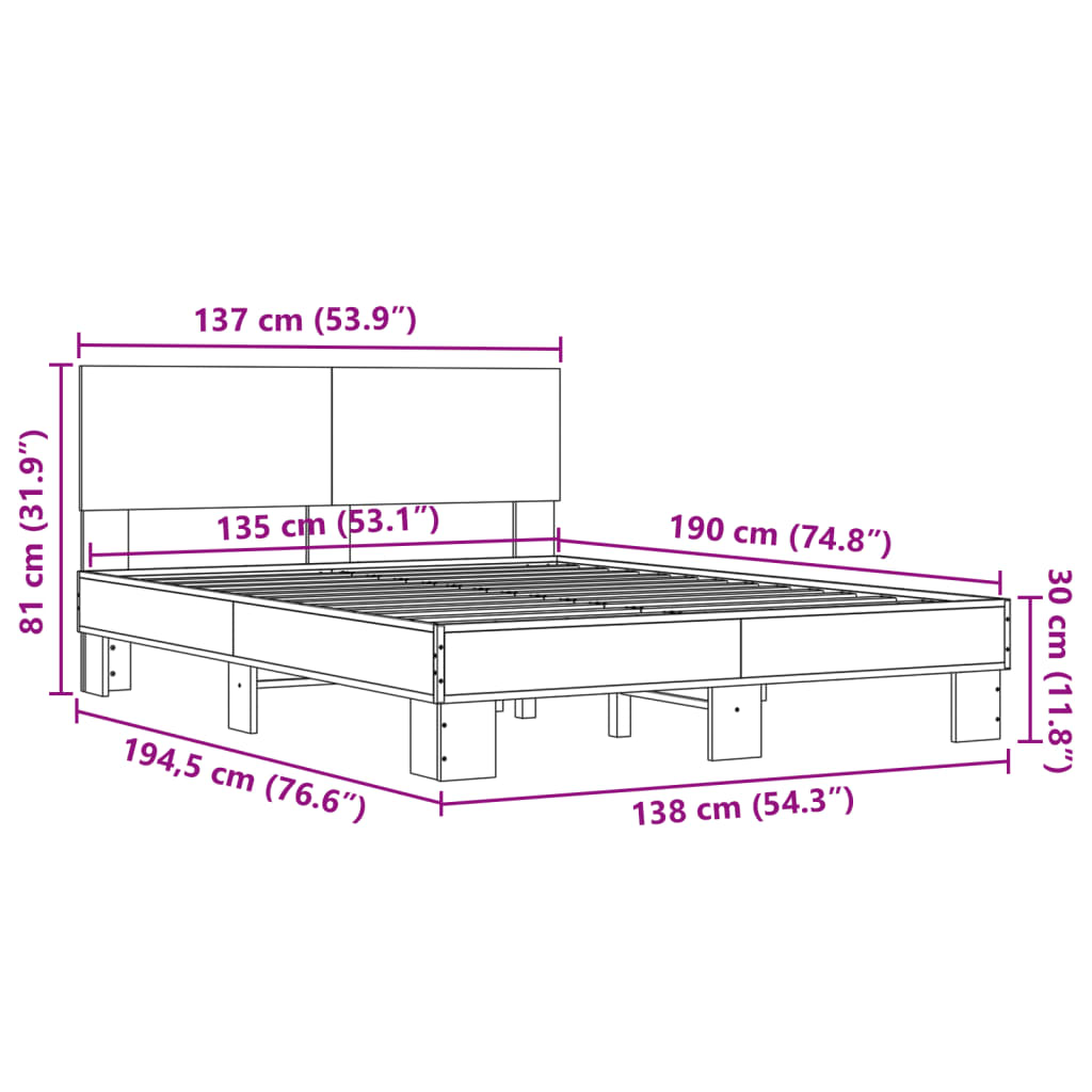 vidaXL Lovos rėmas, ąžuolo, 135x190cm, apdirbta mediena ir metalas