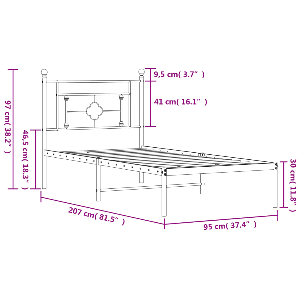 vidaXL Metalinis lovos rėmas su galvūgaliu, juodos spalvos, 90x200cm