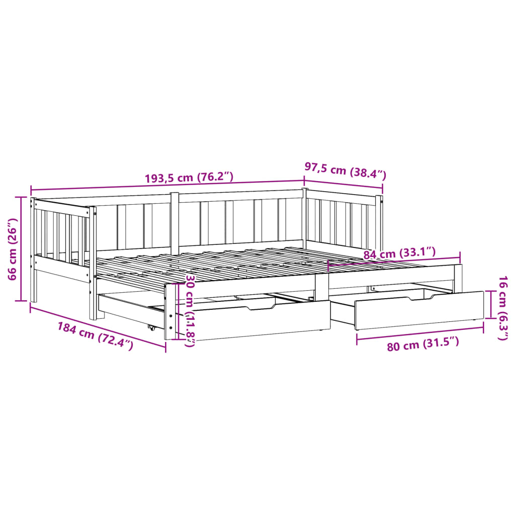 vidaXL Lova su ištraukiama dalimi ir stalčiais, 90x190cm, pušis