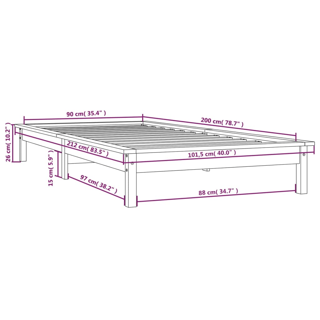 vidaXL Lovos rėmas, medaus rudas, 90x200cm, pušies medienos masyvas