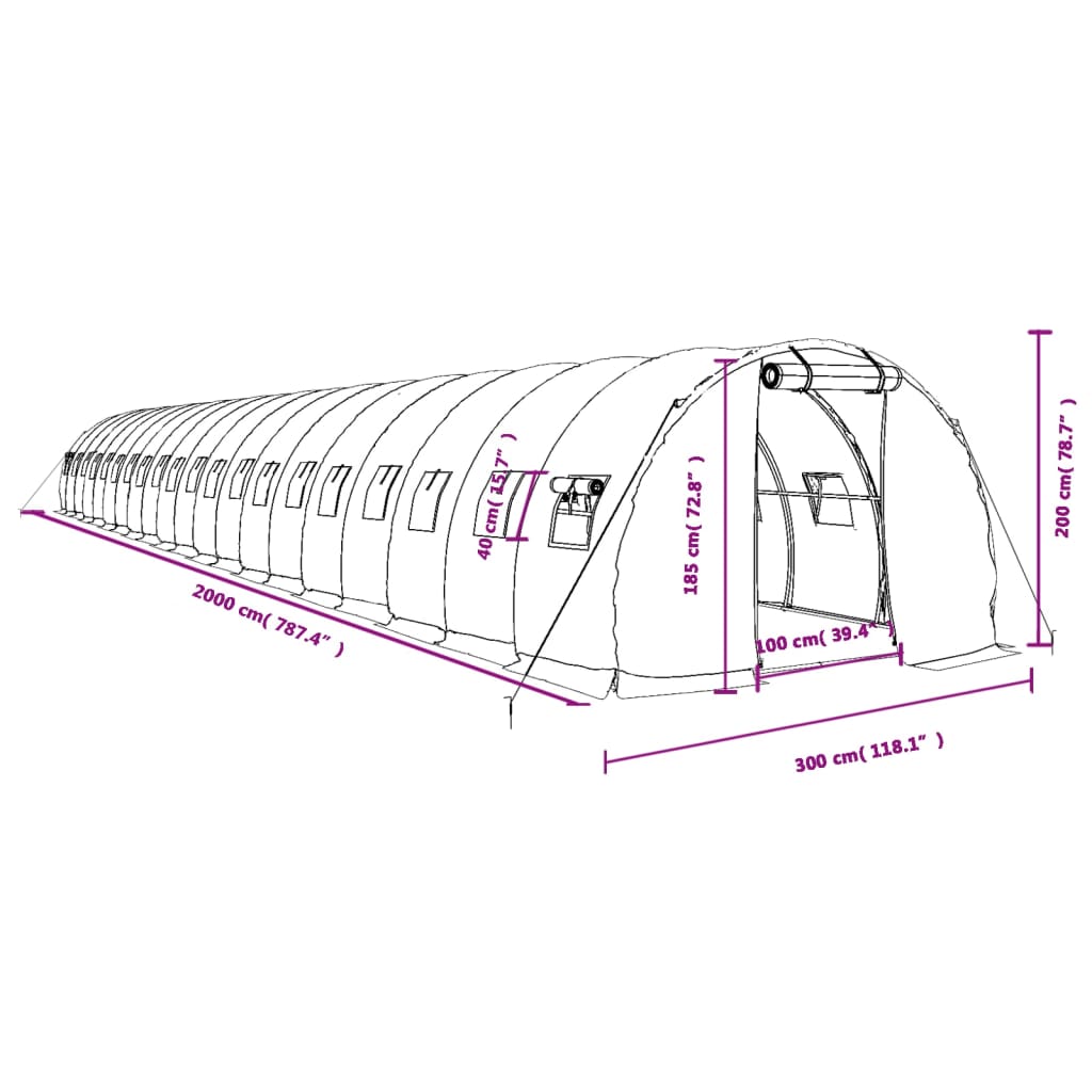 vidaXL Šiltnamis su plieno rėmu, baltos spalvos, 20x3x2m, 60m²