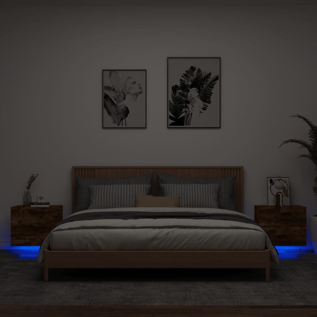 vidaXL Sieninės naktinės spintelės su LED, 2vnt., dūminio ąžuolo