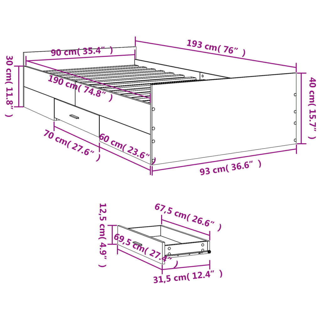 vidaXL Lovos rėmas su stalčiais, baltas, 90x190cm, apdirbta mediena