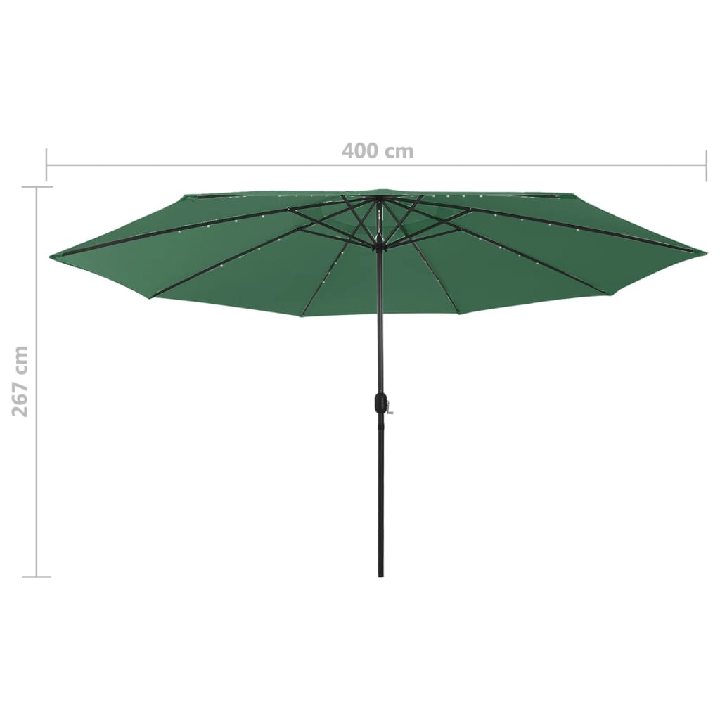 vidaXL Lauko skėtis su LED ir metaliniu stulpu, žalias, 400cm