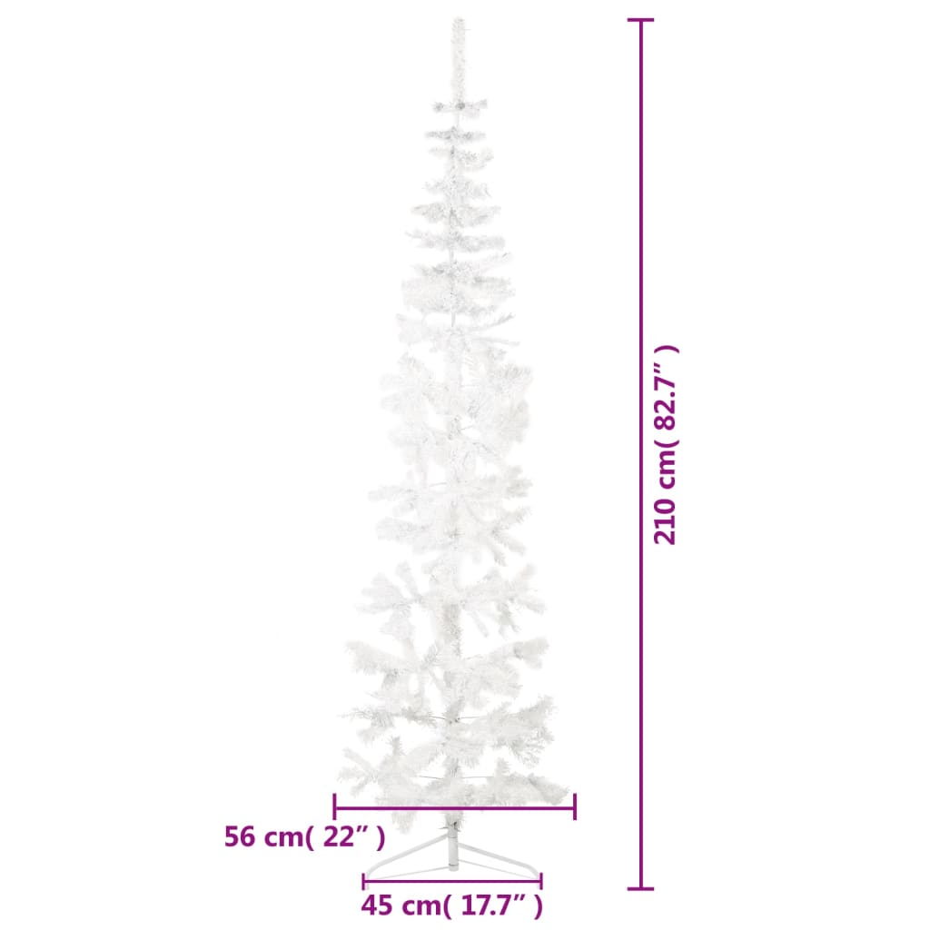 vidaXL Siaura dirbtinė pusinė Kalėdų eglutė su stovu, balta, 210cm