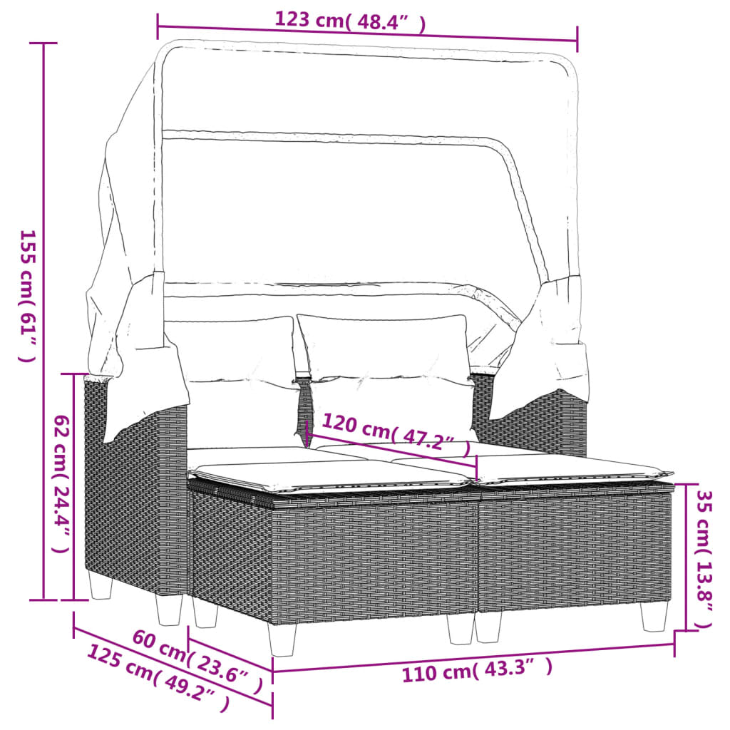 vidaXL Dvivietė sodo sofa su skliautu/taburetėmis, juoda, poliratanas