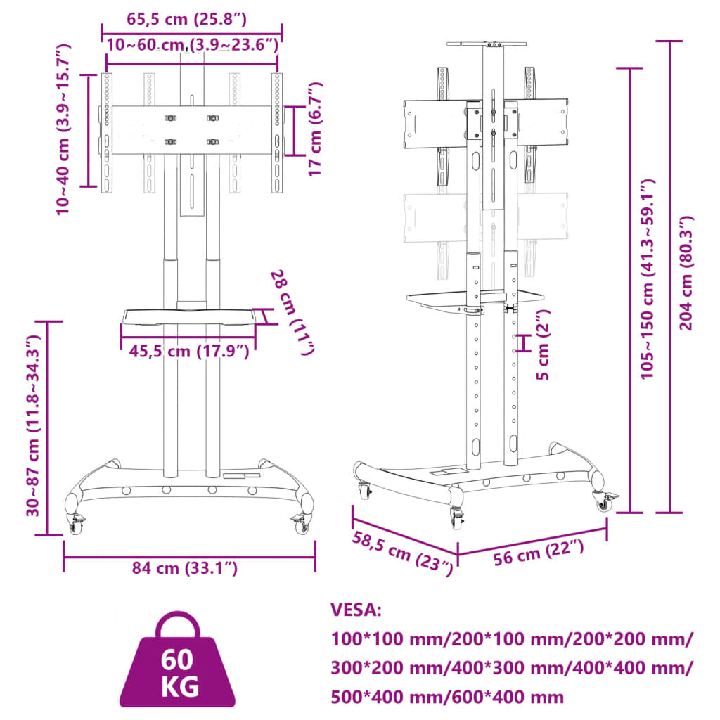 vidaXL TV stovas ant ratukų 32-70 colių ekranui, 600x400mm, 60kg