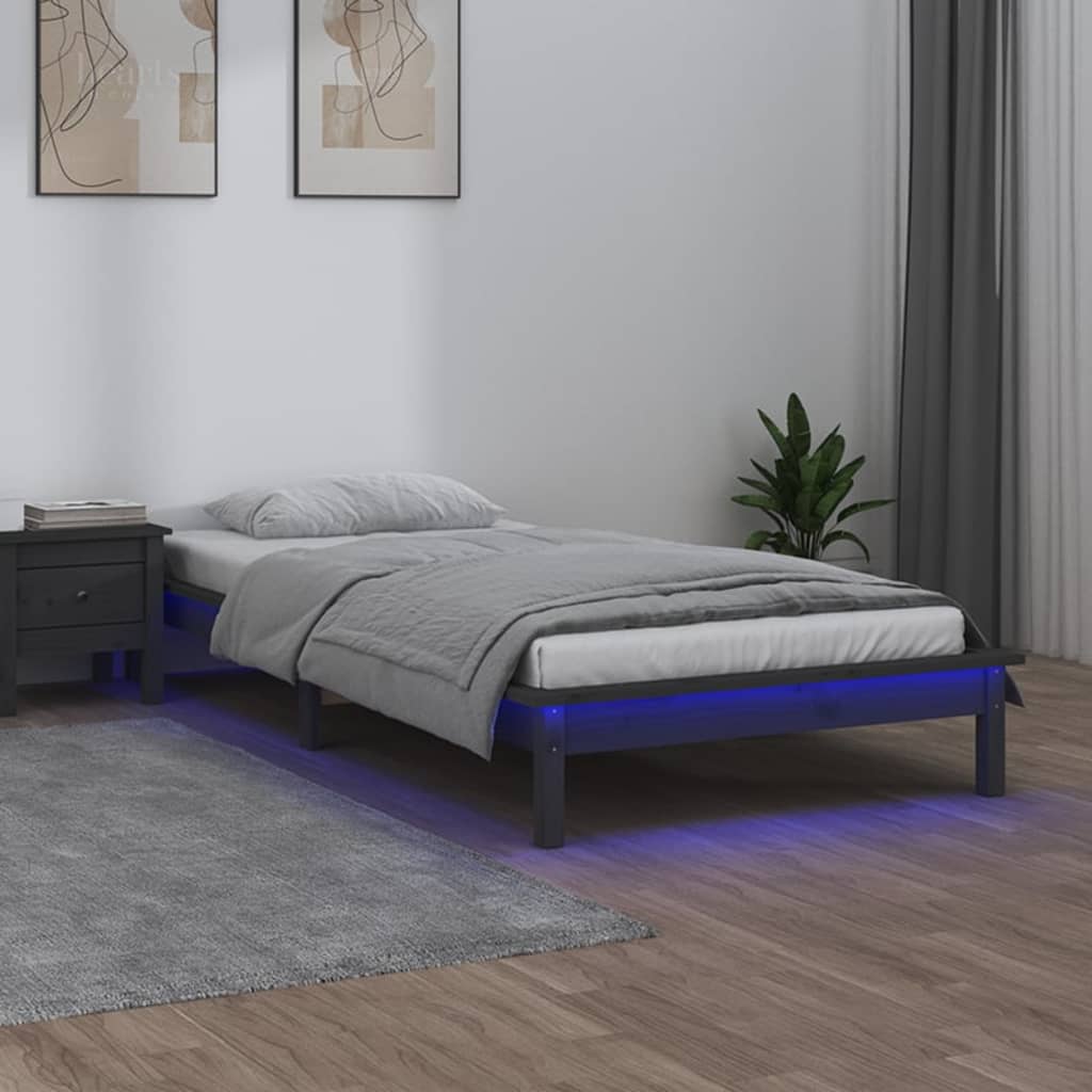 vidaXL Lovos rėmas su LED, pilkos spalvos, 100x200cm, medienos masyvas