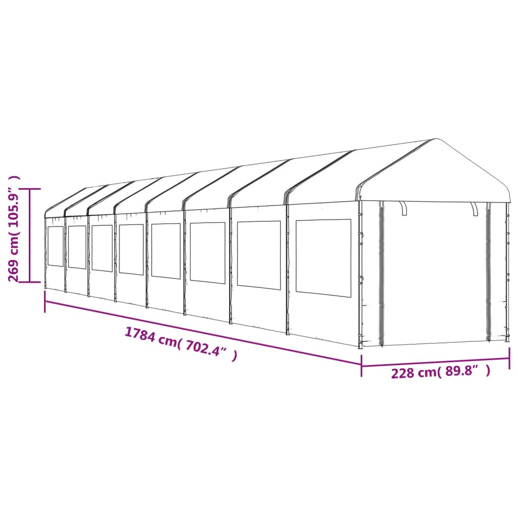 vidaXL Pavėsinė su stogu, balta, 17,84x2,28x2,69m, polietilenas