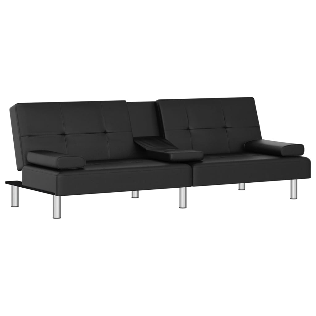 vidaXL Sofa-lova su puodelių laikikliais, juodos spalvos, dirbtinė oda