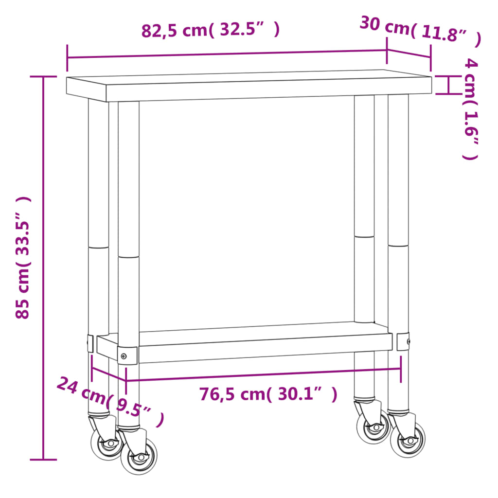 vidaXL Virtuvės darbastalis su ratukais, 82,5x30x85cm, plienas