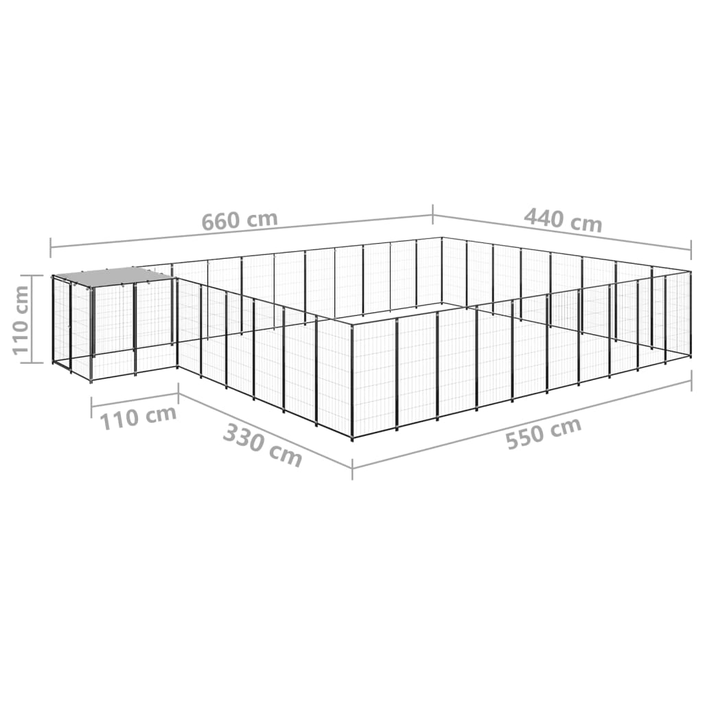 vidaXL Voljeras šunims, juodos spalvos, 25,41 m², plienas