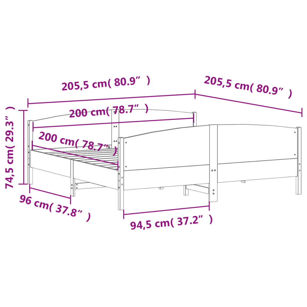 vidaXL Lovos rėmas be čiužinio, 200x200cm, pušies medienos masyvas