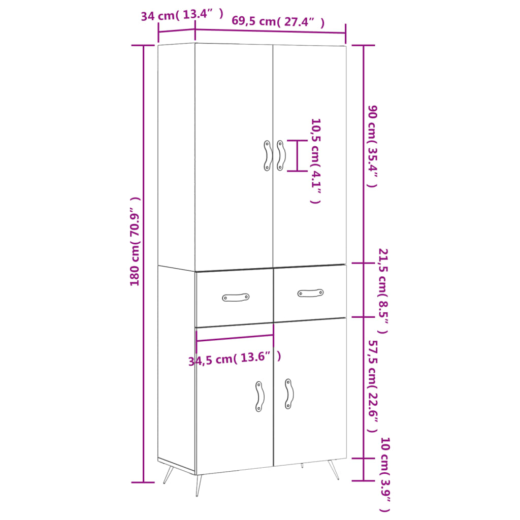 vidaXL Komoda, betono pilkos spalvos, 69,5x34x180cm, apdirbta mediena