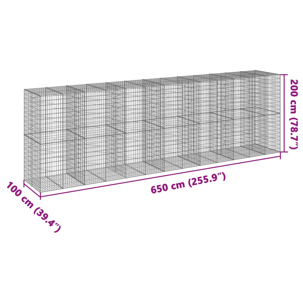 vidaXL Gabiono krepšys su dangčiu, 650x100x200cm, galvanizuota geležis