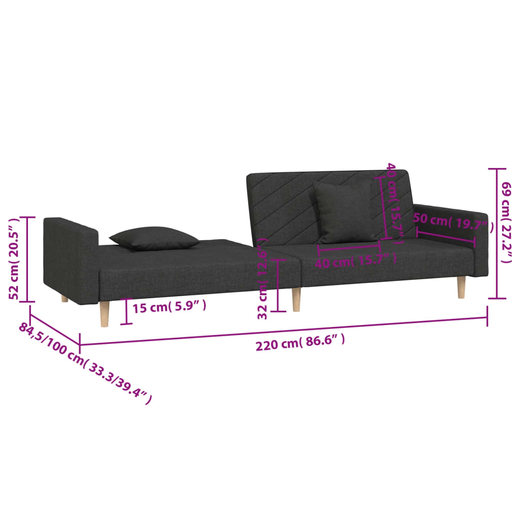 vidaXL Dvivietė sofa-lova su dvejomis pagalvėmis, juoda, audinys