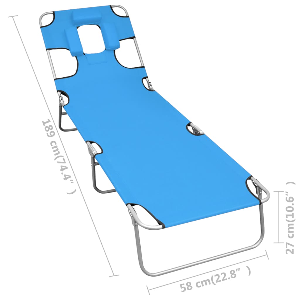 vidaXL Sulankstomas saulės gultas su pagalve galvai, mėlynas, plienas