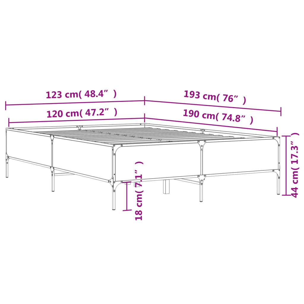 vidaXL Lovos rėmas, dūminio ąžuolo, 120x190cm, mediena ir metalas