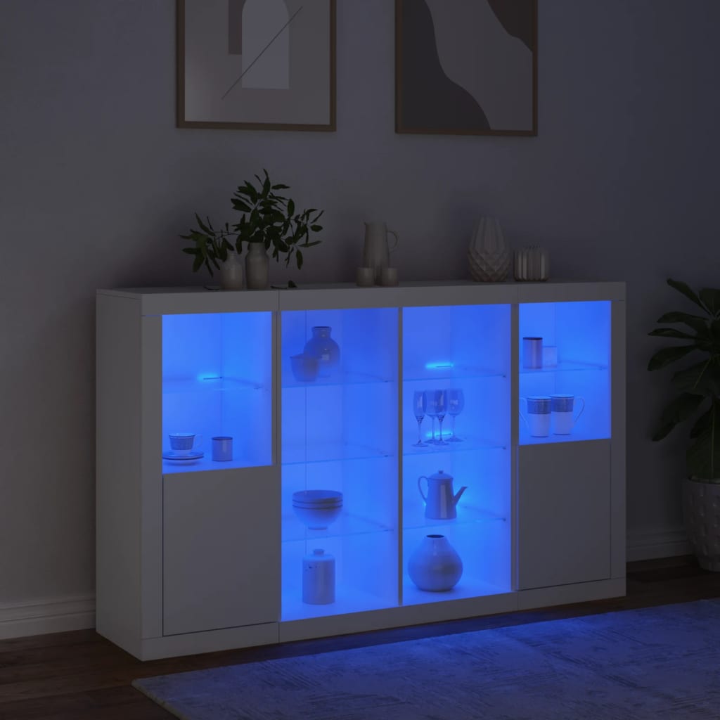 vidaXL Šoninės spintelės su LED, 3vnt., baltos, apdirbta mediena
