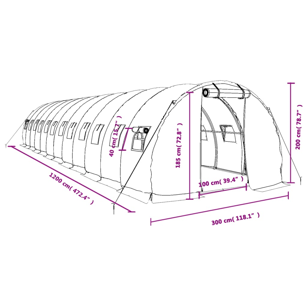 vidaXL Šiltnamis su plieno rėmu, baltos spalvos, 12x3x2m, 36m²