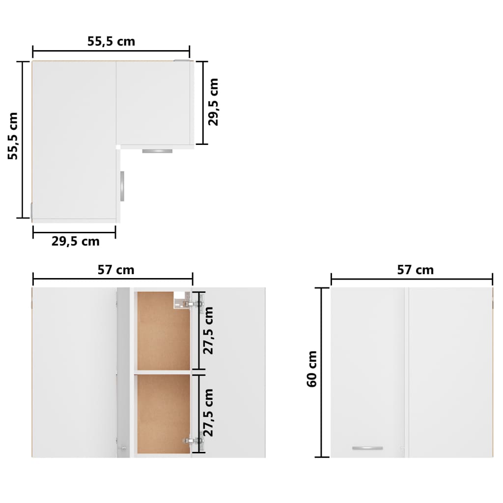 vidaXL Pakabinama kampinė spintelė, balta, 57x57x60cm, mediena