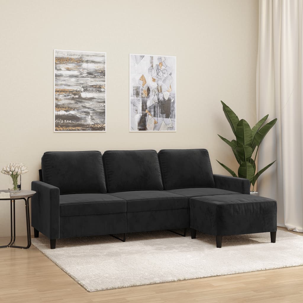 vidaXL Trivietė sofa su pakoja, juodos spalvos, 180cm, aksomas