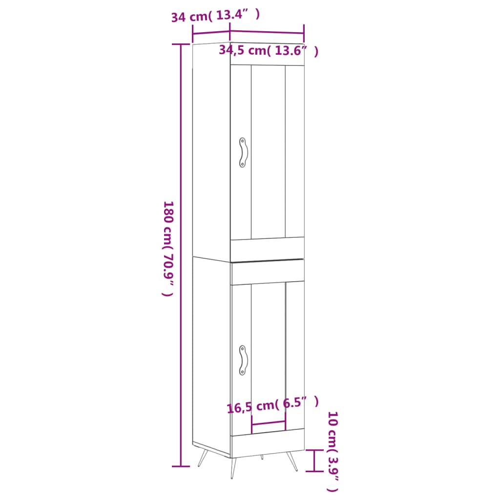 vidaXL Komoda, betono pilkos spalvos, 34,5x34x180cm, apdirbta mediena