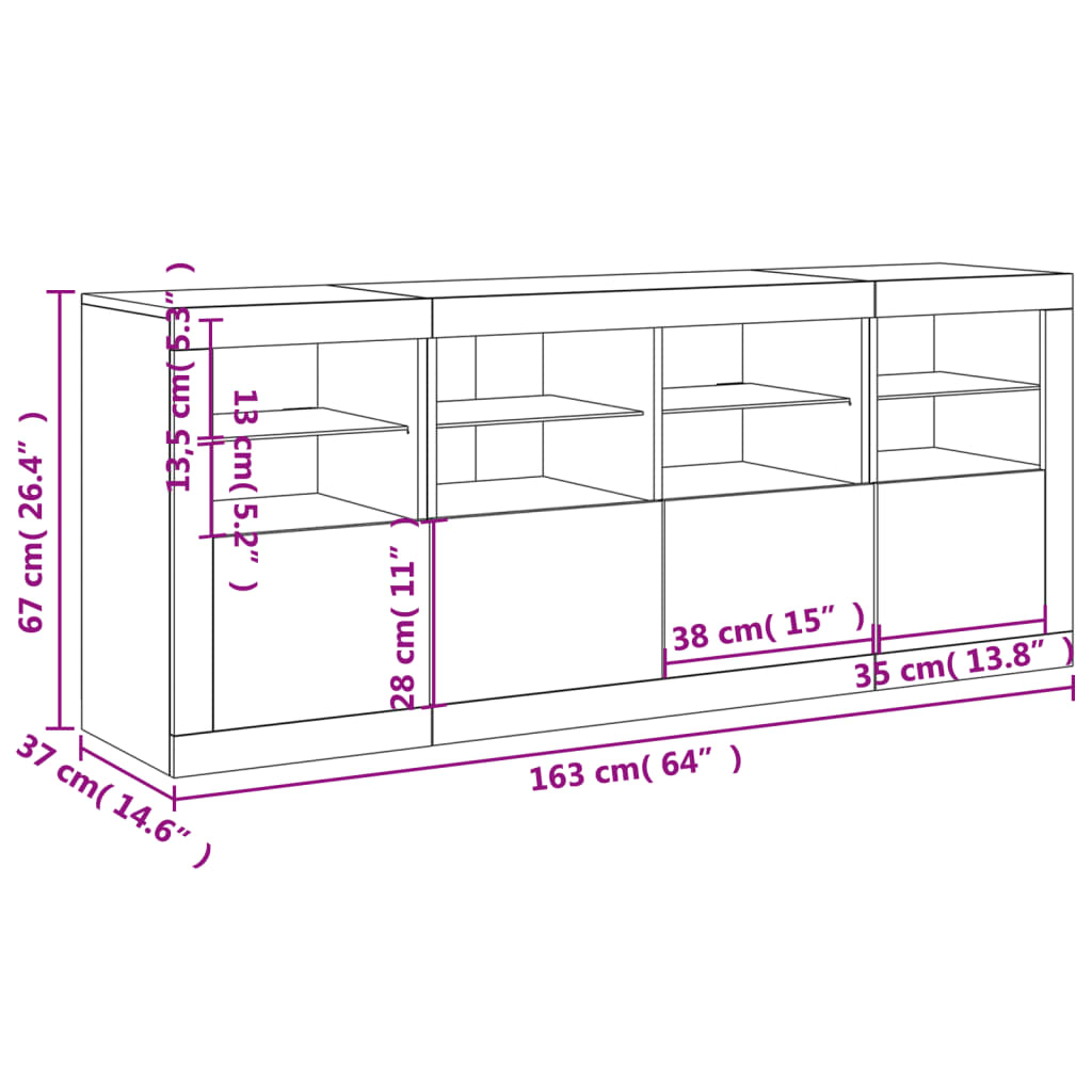 vidaXL Šoninė spintelė su LED lemputėmis, baltos spalvos, 163x37x67cm