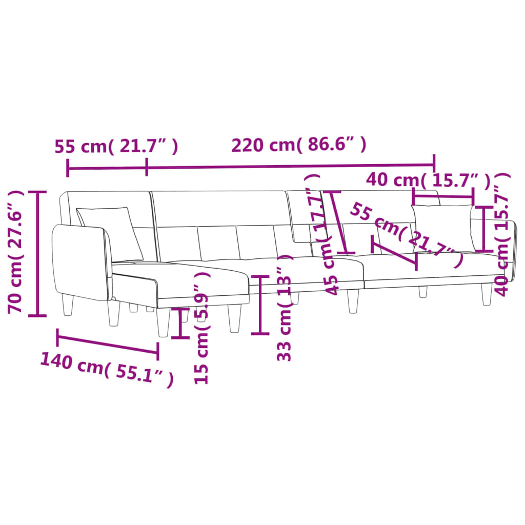 vidaXL L formos sofa-lova, juodos spalvos, 275x140x70cm, audinys