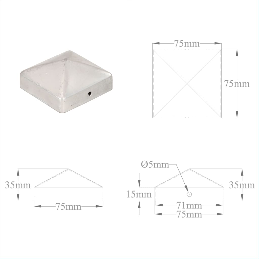 vidaXL Tvoros stulpų dangteliai, 6vnt., 71x71mm, galvanizuotas metalas