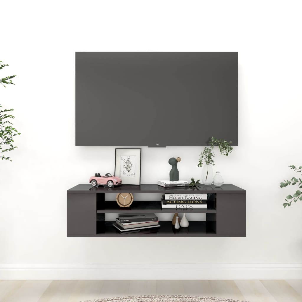 vidaXL Pakabinama TV spintelė, pilka, 100x30x26,5cm, mediena, blizgi