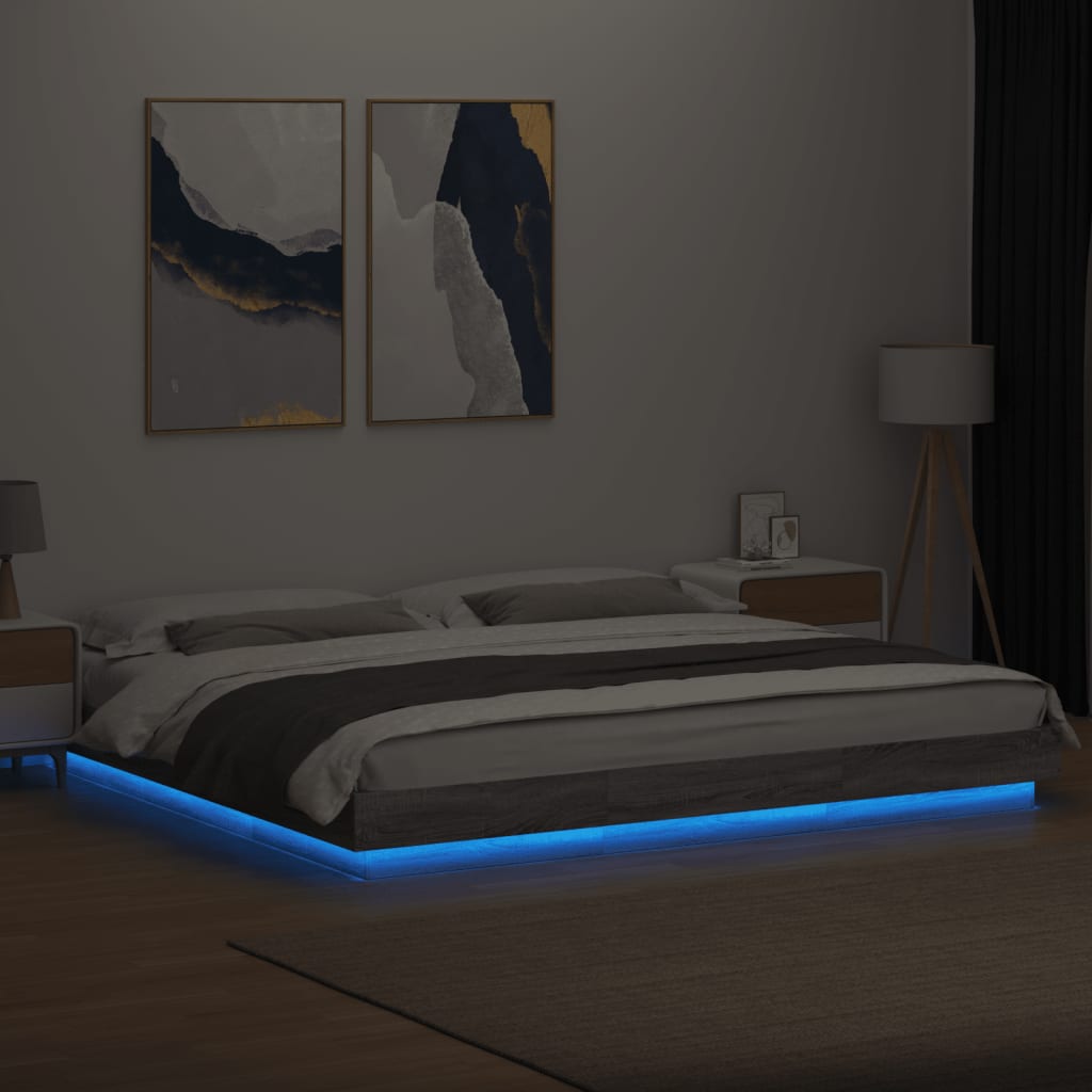 vidaXL Lovos rėmas su LED, pilkas ąžuolo, 180x200cm, apdirbta mediena