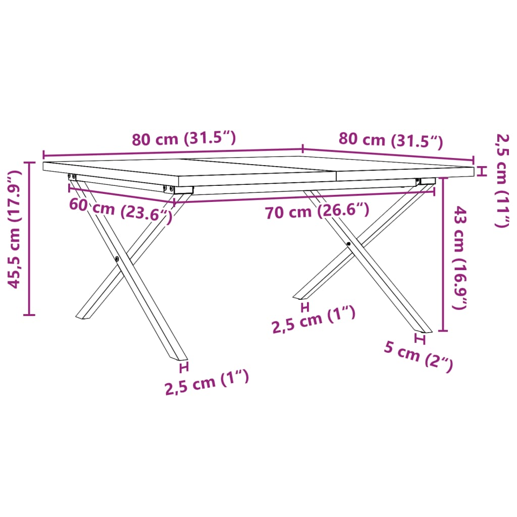 vidaXL Kavos staliukas, 80x80x45,5cm, pušis ir ketus, X formos rėmas