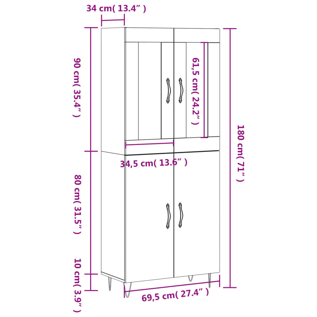 vidaXL Komoda, juodos spalvos, 69,5x34x180cm, apdirbta mediena