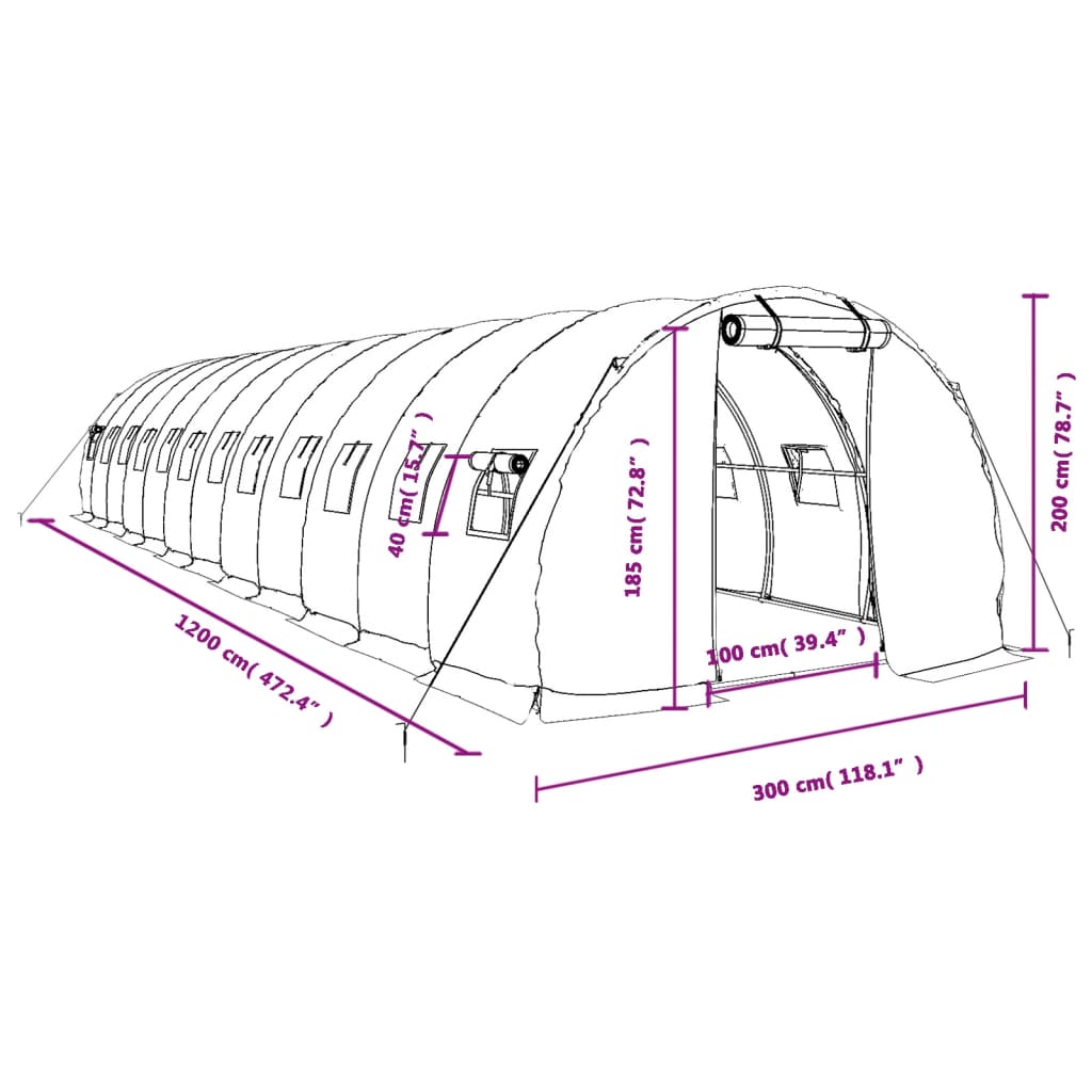 vidaXL Šiltnamis su plieno rėmu, žalios spalvos, 12x3x2m, 36m²